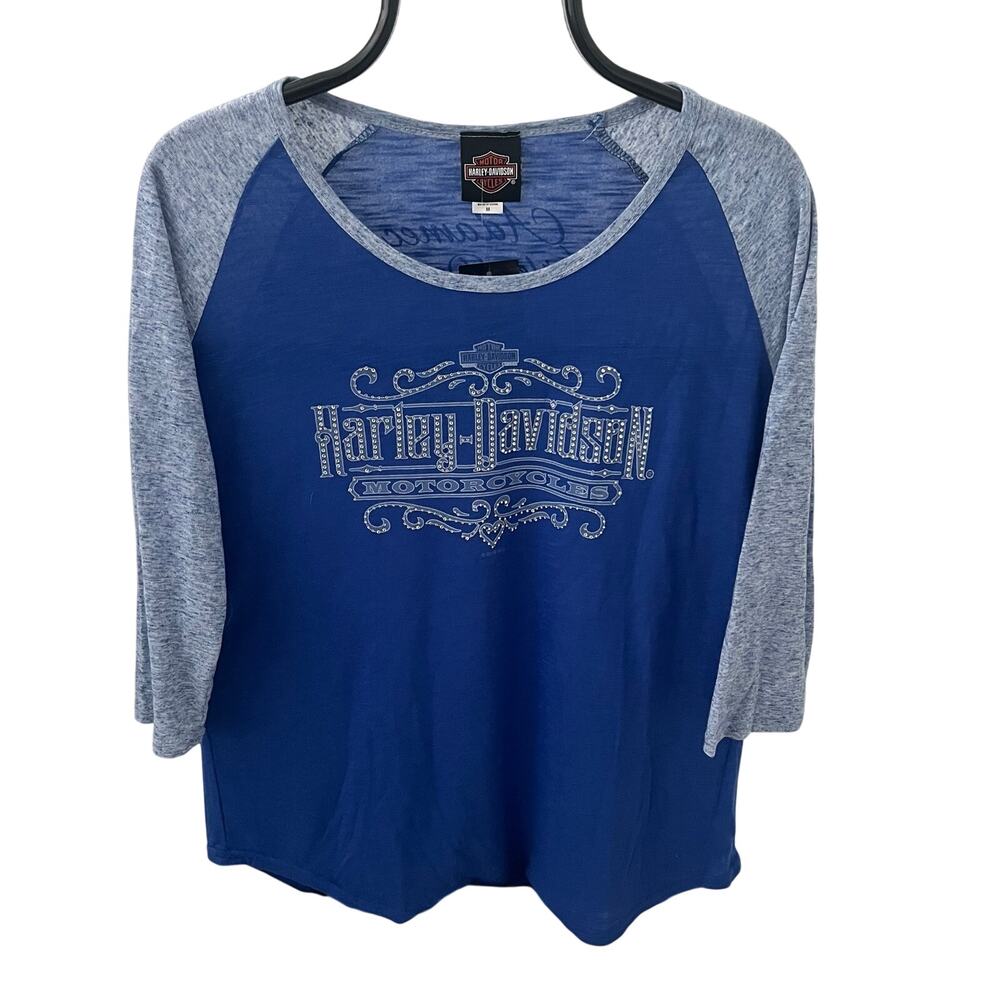 Harley Davidson Women’s M Blue Rhinestone 3/4 Sleeve Raglan Shirt NWT
